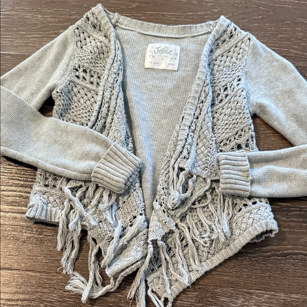 Justice Light Gray Knit Fringe Cardigan